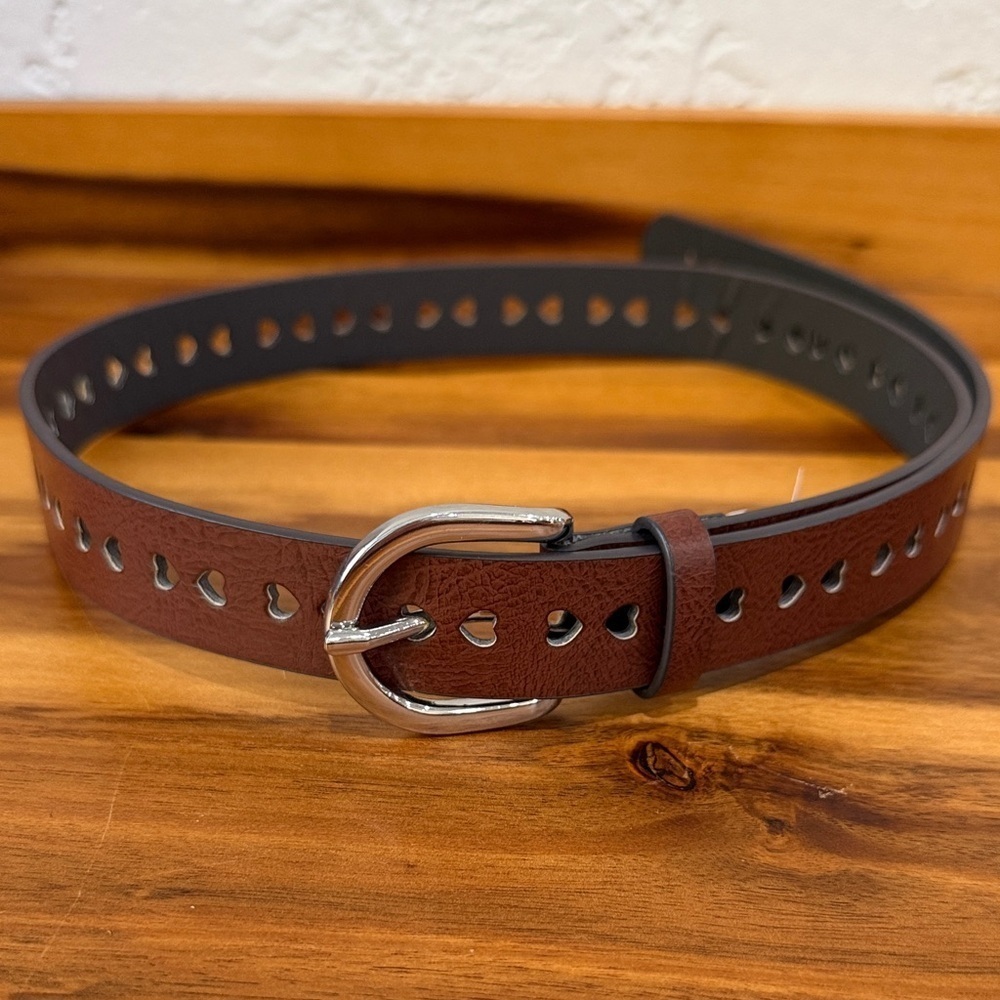 Brown Vegan Leather Belt with Heart Shaped Cutouts and Silver Buckle